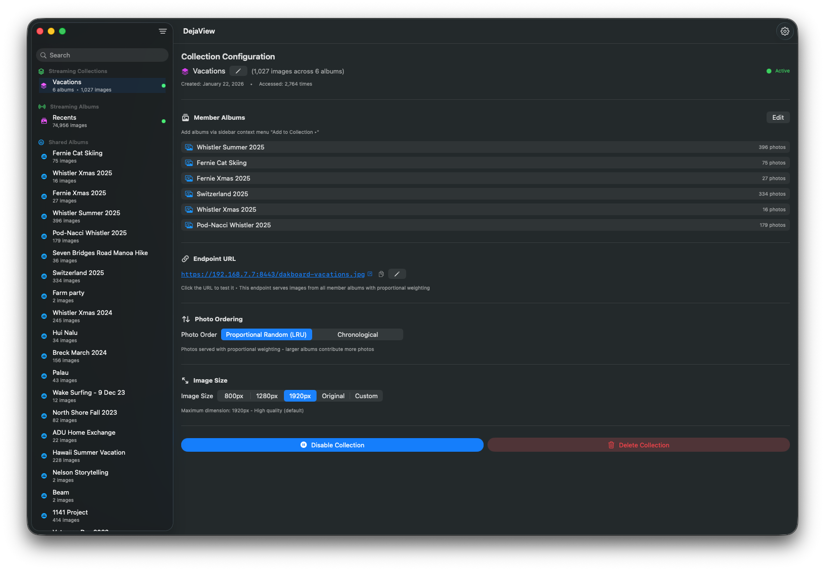DejaView configuration window showing collection setup with member albums, endpoint URL, photo ordering options including proportional random LRU, and image size presets