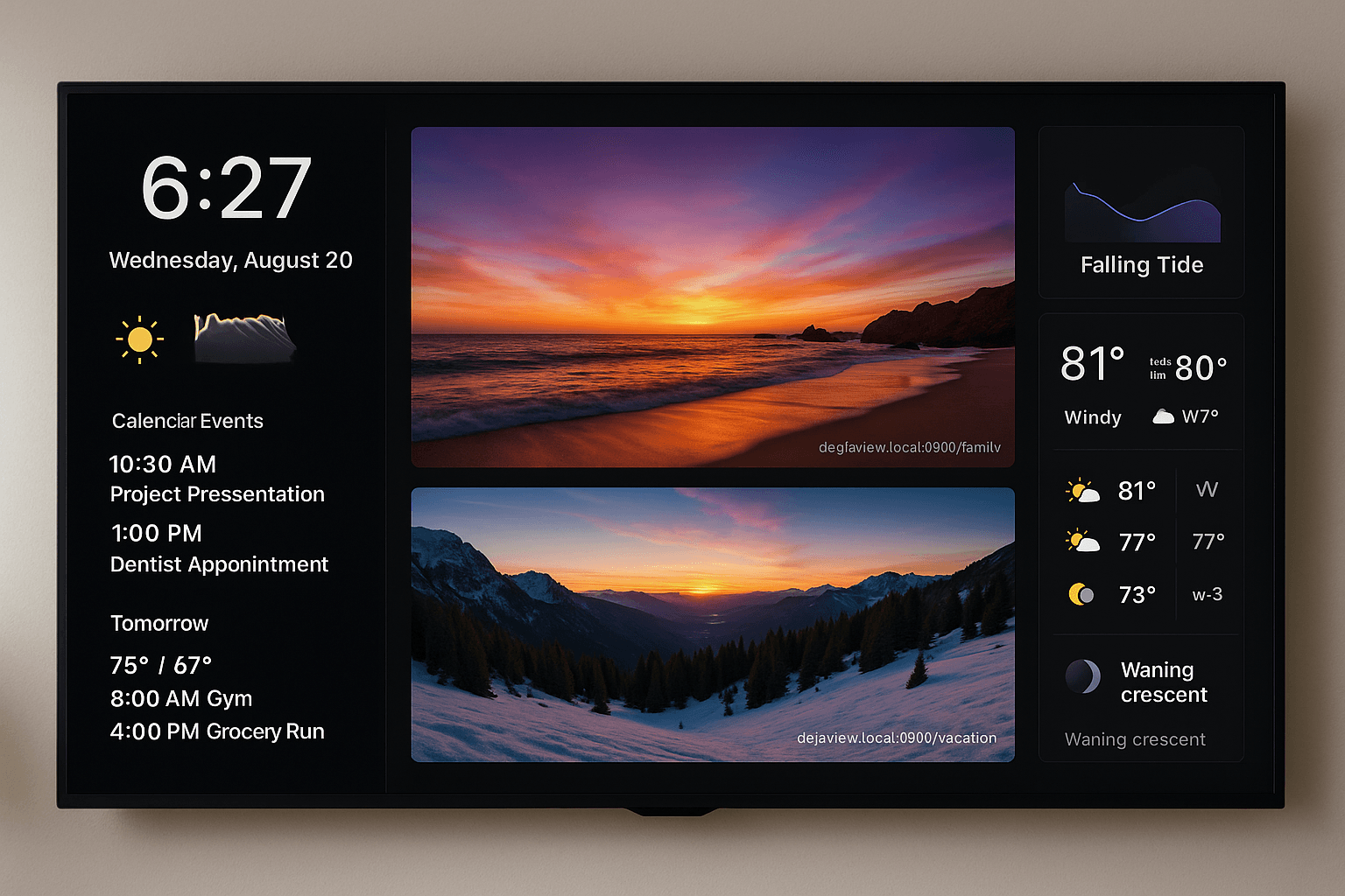 DAKboard mockup showing photos served by DejaView alongside weather, calendar, and tide information
