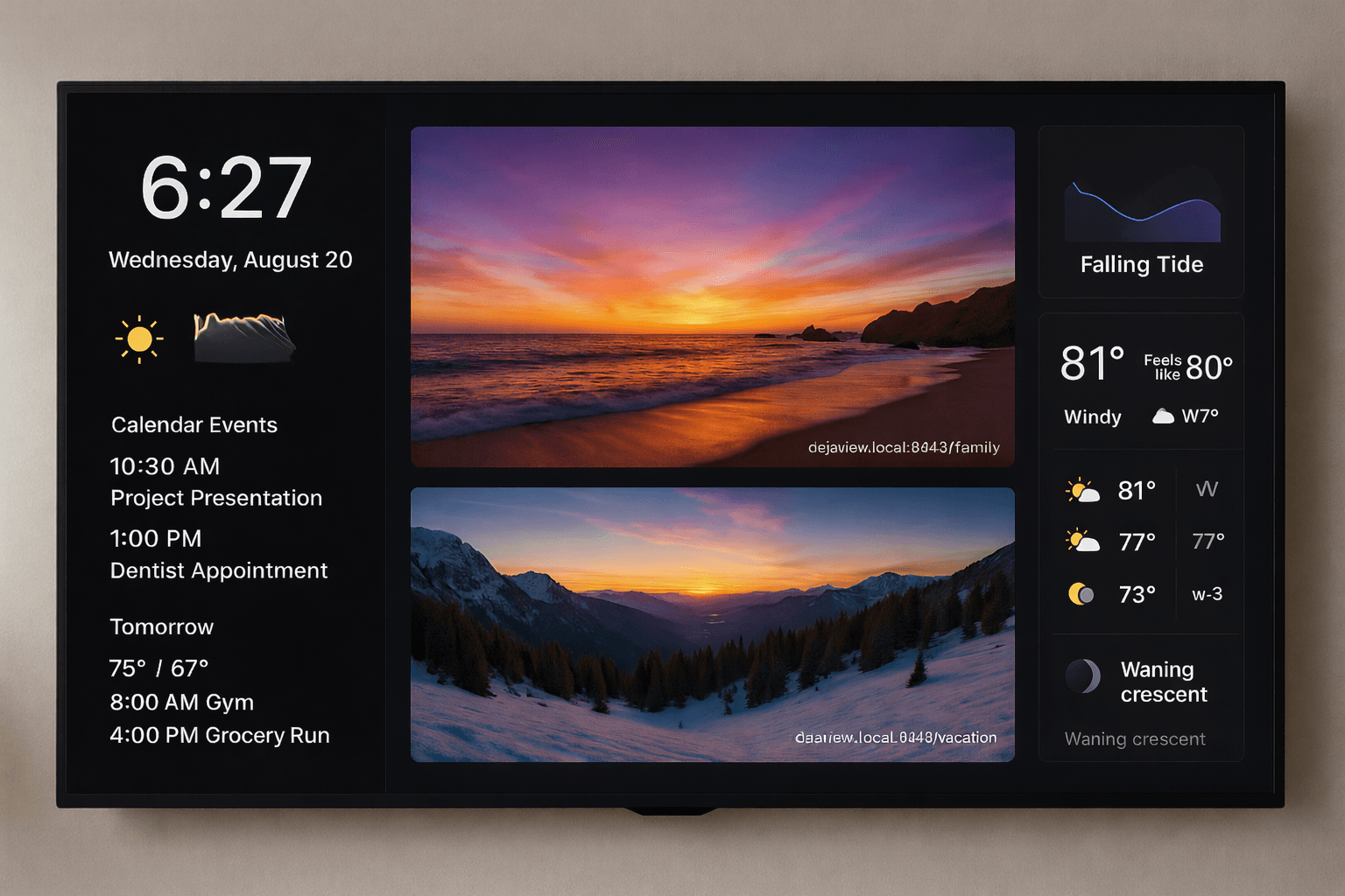 DAKboard mockup showing photos served by DejaView alongside weather, calendar, and tide information