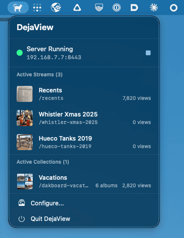 DejaView cat icon in the macOS menu bar with dropdown showing server status, active streams and collections with view counts