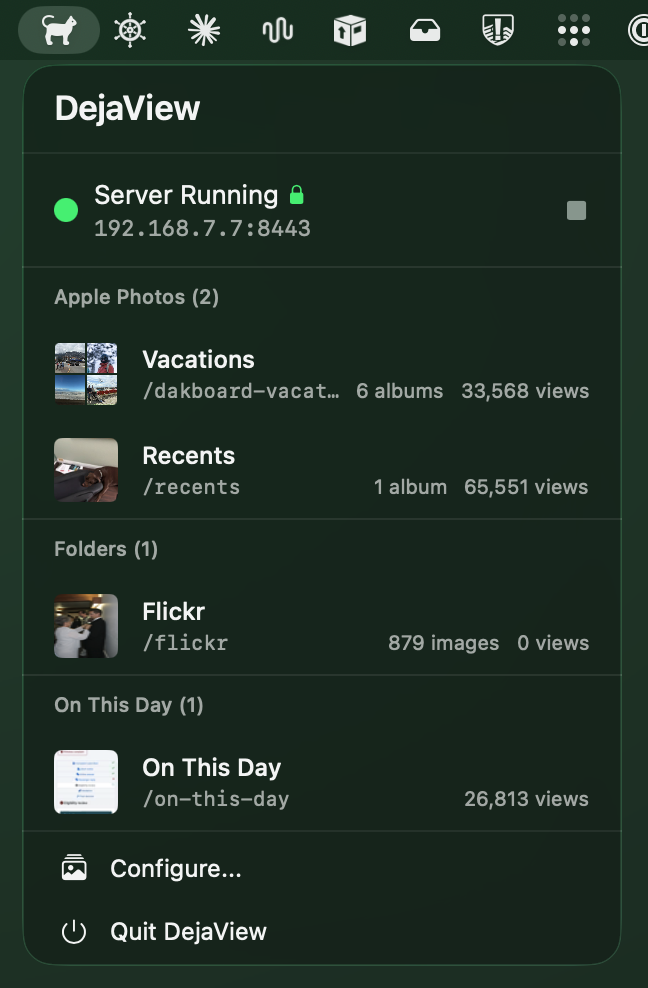 DejaView dropdown open from the macOS menu bar, showing server status and active streams grouped into Apple Photos, Folders, and On This Day with view counts